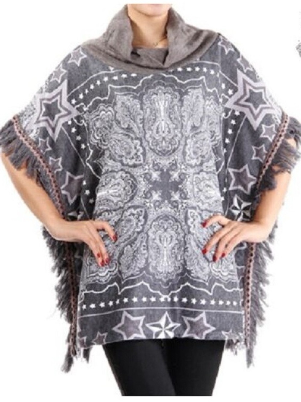 Gray Paisley Fringe Cowl Neck Sweater Poncho